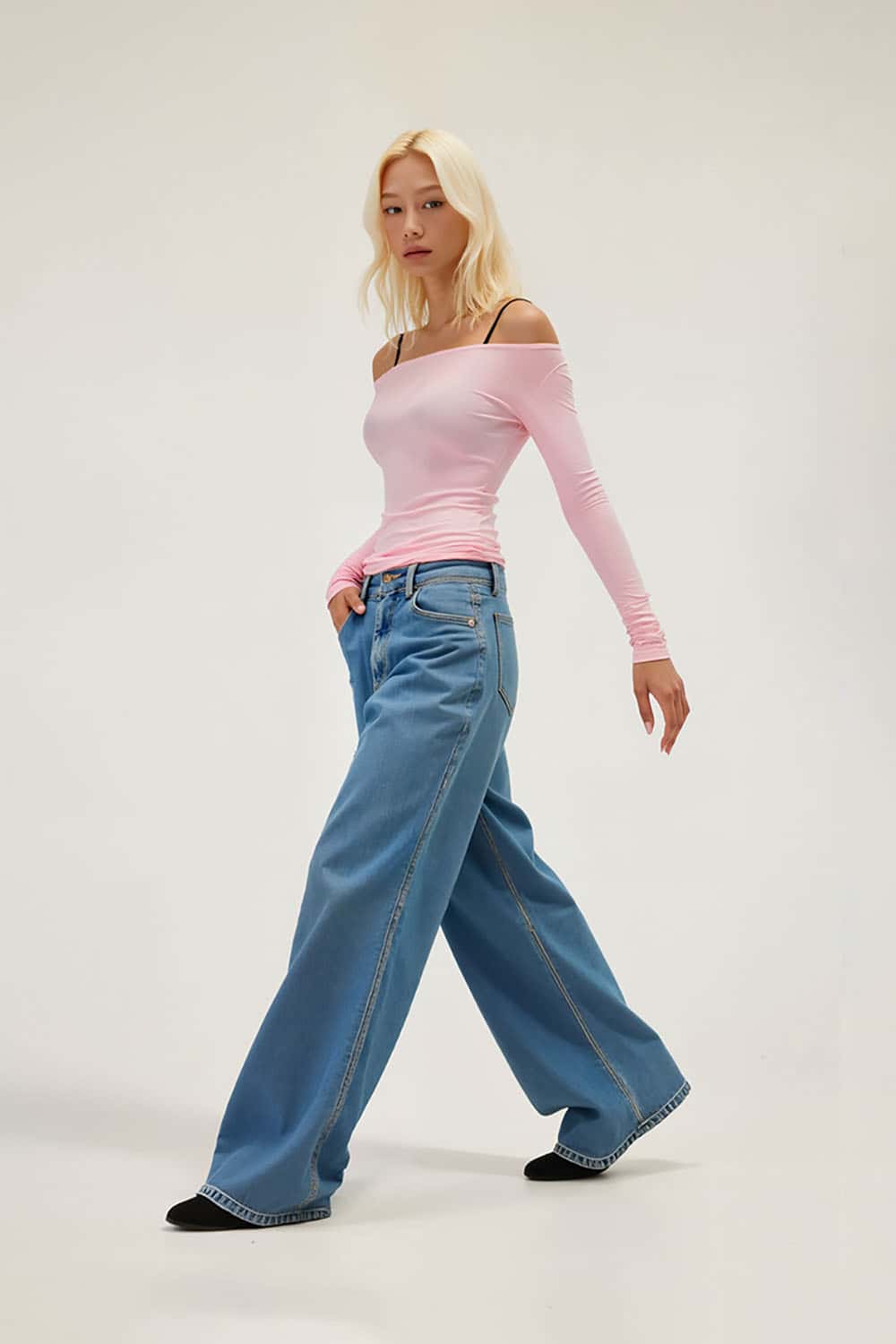 Tencel Wool Blend Boat Neck Top _ Slim Fit Off-Shoulder Long Sleeve Tee