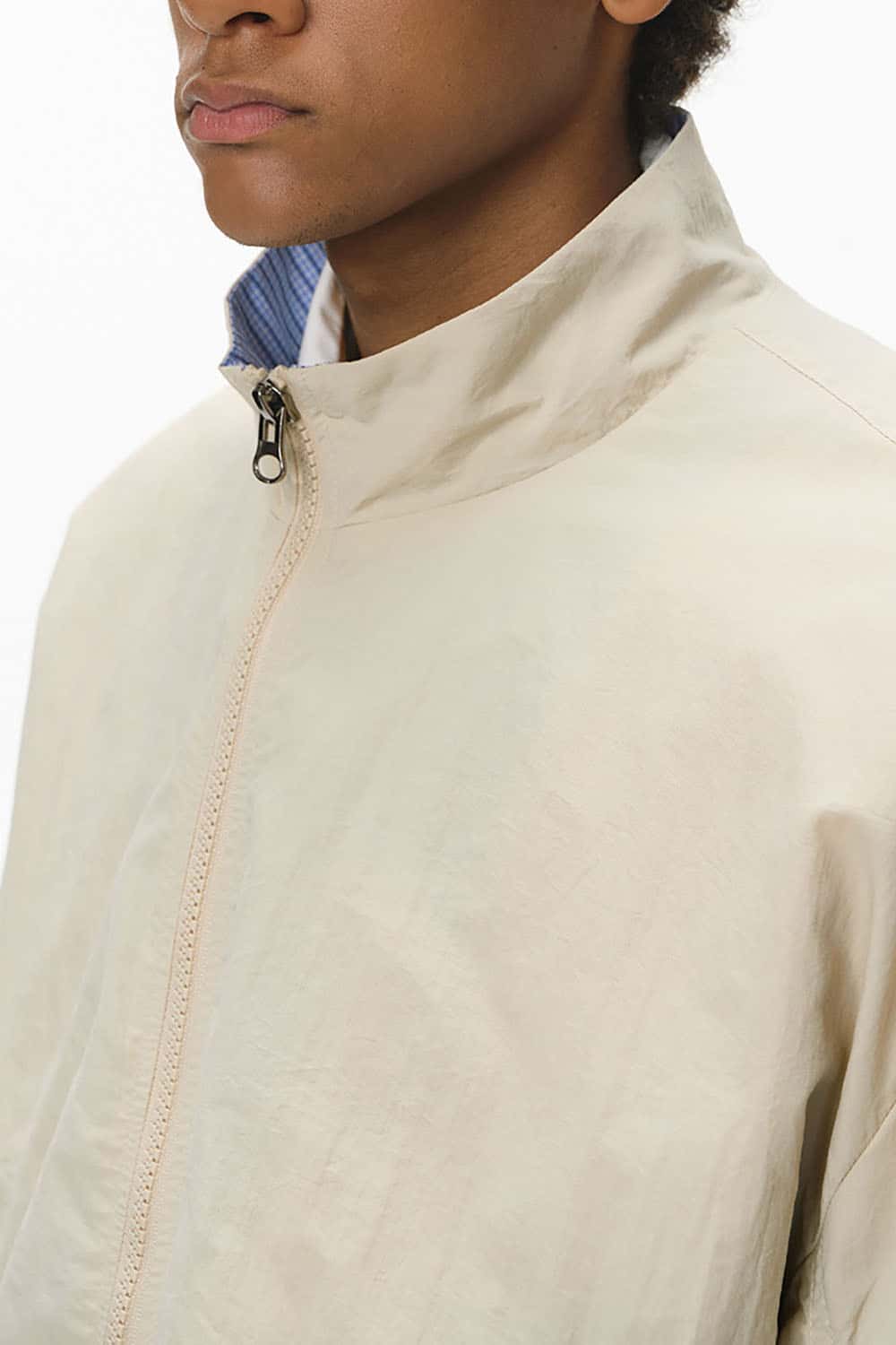 Short Bomber Jacket with Stand Collar _ Plaid Contrast Baseball Style Outerwear