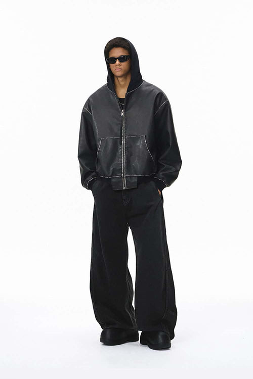 Curved-Leg Structured Denim Pants - Black