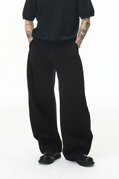 Curved-Leg Structured Denim Pants - Black
