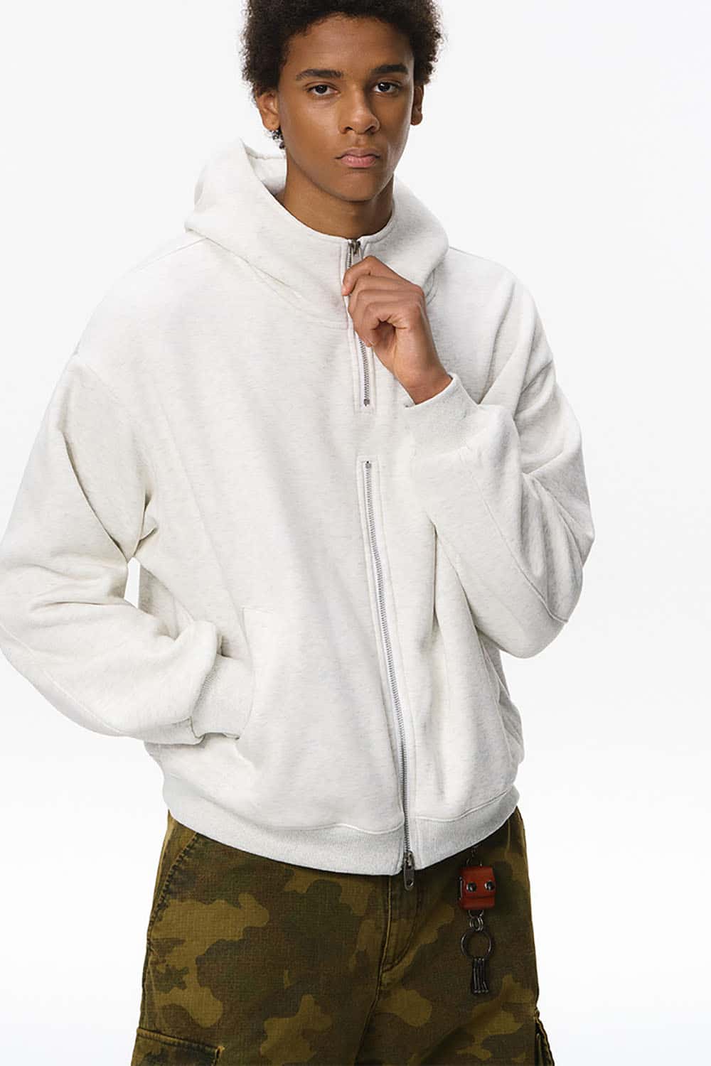 Fleece-Lined Double Zipper Cropped Hoodie _ Short Flame Knit Zip-Up Jacket