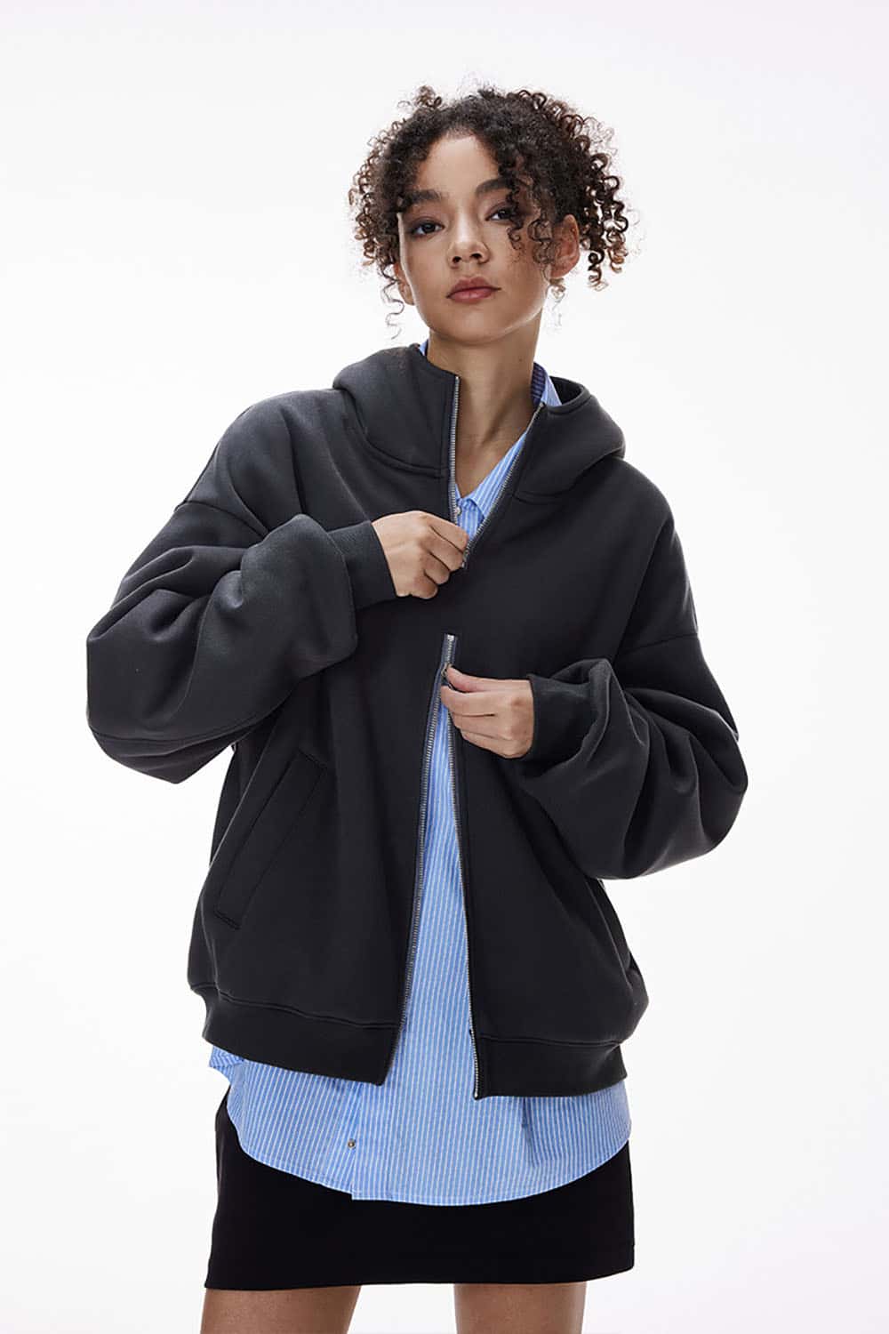 Fleece-Lined Double Zipper Cropped Hoodie _ Short Flame Knit Zip-Up Jacket