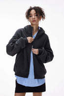 Thermal Fleece Double-Zip Crop Hoodie - Navy Blue