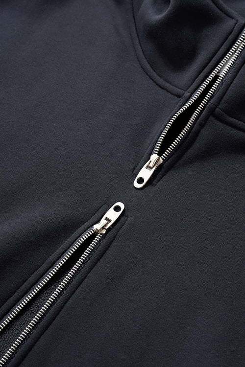 Thermal Fleece Double-Zip Crop Hoodie - Navy Blue