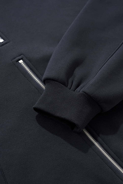 Thermal Fleece Double-Zip Crop Hoodie - Navy Blue