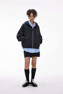 Thermal Fleece Double-Zip Crop Hoodie - Navy Blue
