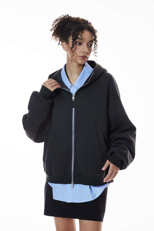 Thermal Fleece Double-Zip Crop Hoodie - Navy Blue