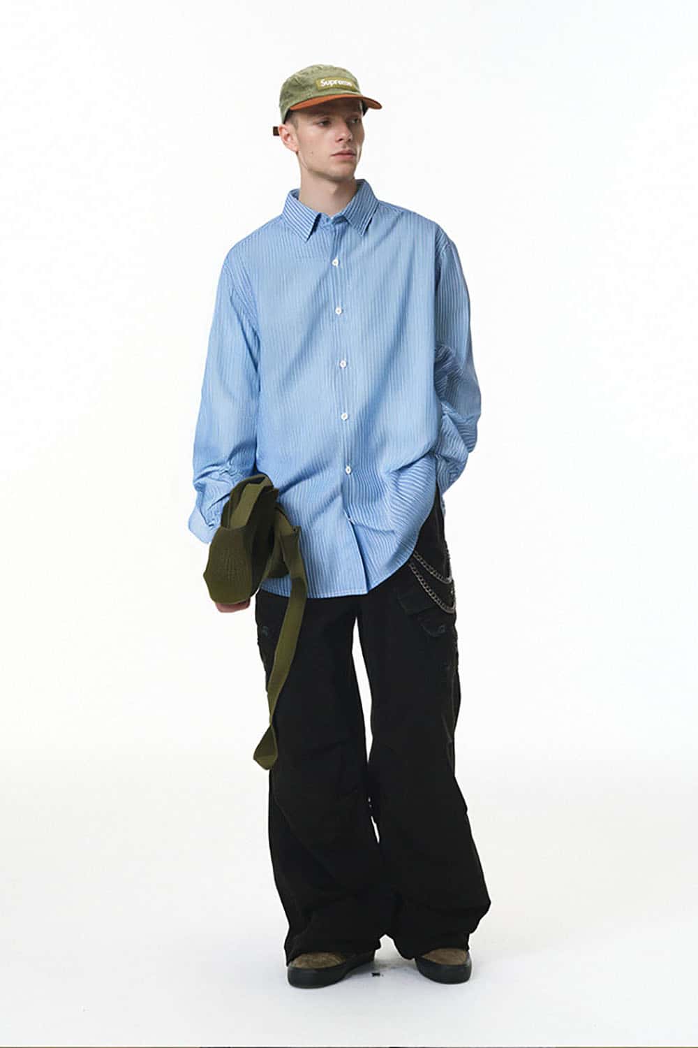 Blue Stripe Button-Up Shirt _ Casual Relaxed Fit Long Sleeve Top