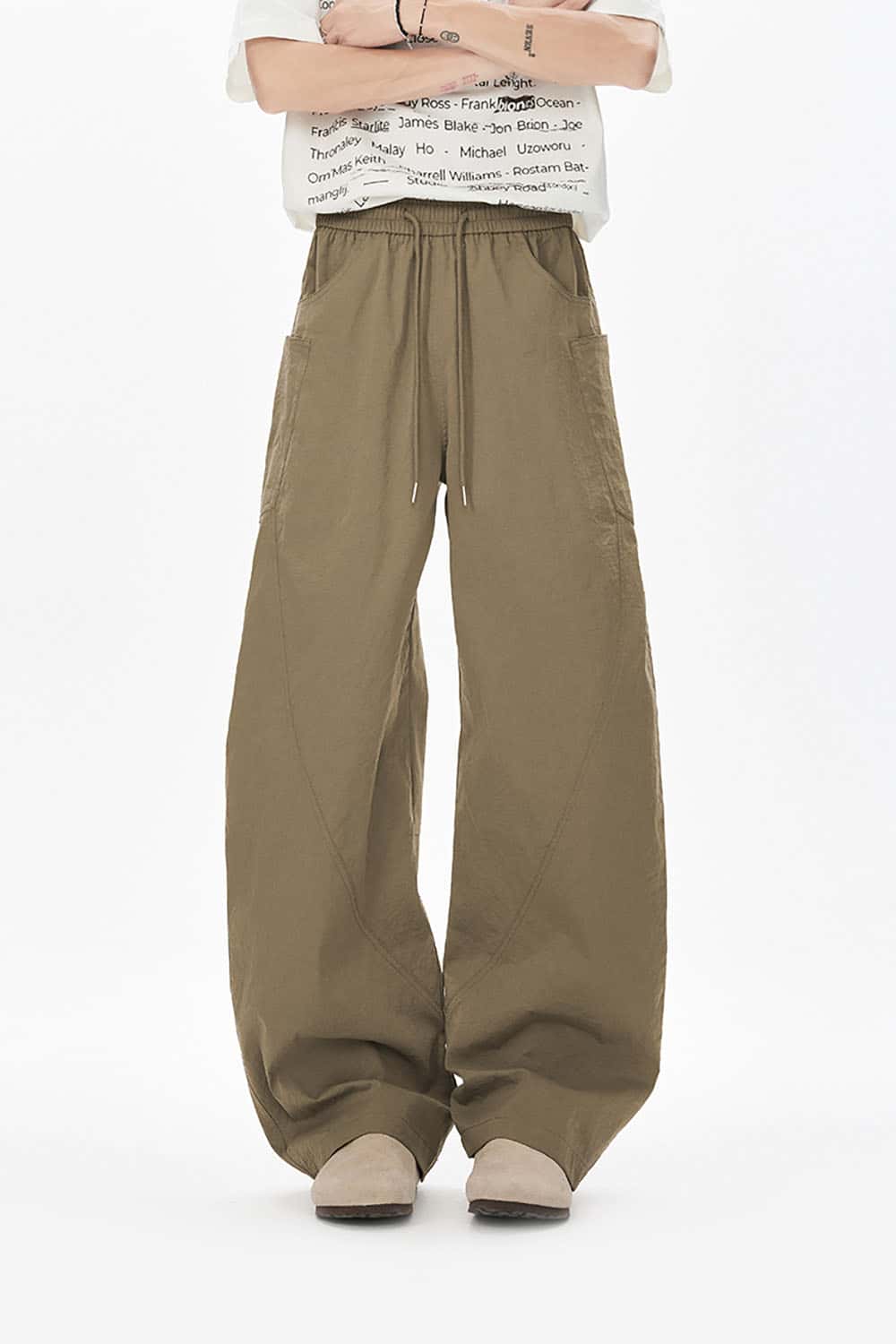 Wide-Leg Curved Seam Pleated Pants _ Solid Color Relaxed Fit Casual Trousers