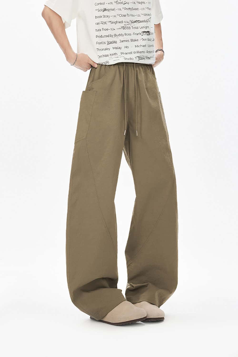 Wide-Leg Curved Seam Pleated Pants _ Solid Color Relaxed Fit Casual Trousers