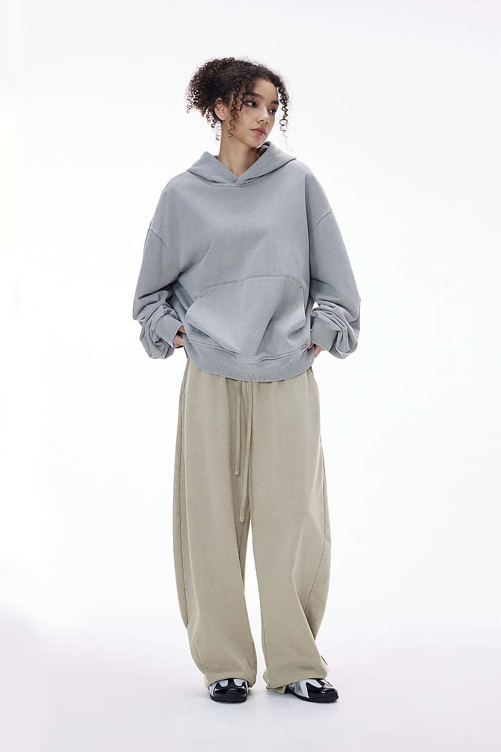Washed Curved Seam Wide-Leg Sweatpants _ 380G Solid Color Street Style Trousers