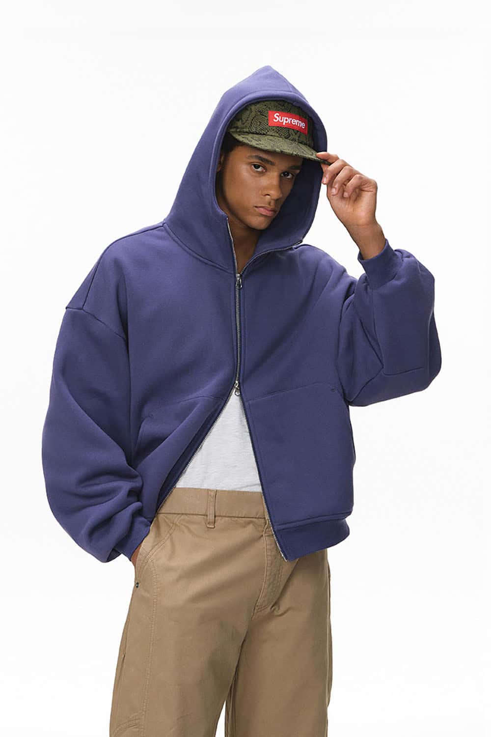 Boxy Fit Fleece-Lined Zip Hoodie _ Curved Sleeve Eggshell Plush Hooded Jacket