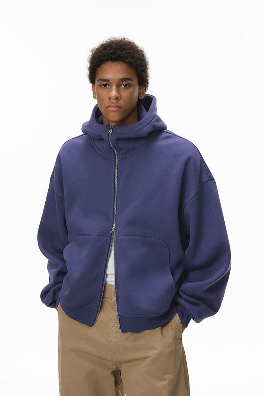 Boxy Fit Fleece-Lined Zip Hoodie _ Curved Sleeve Eggshell Plush Hooded Jacket