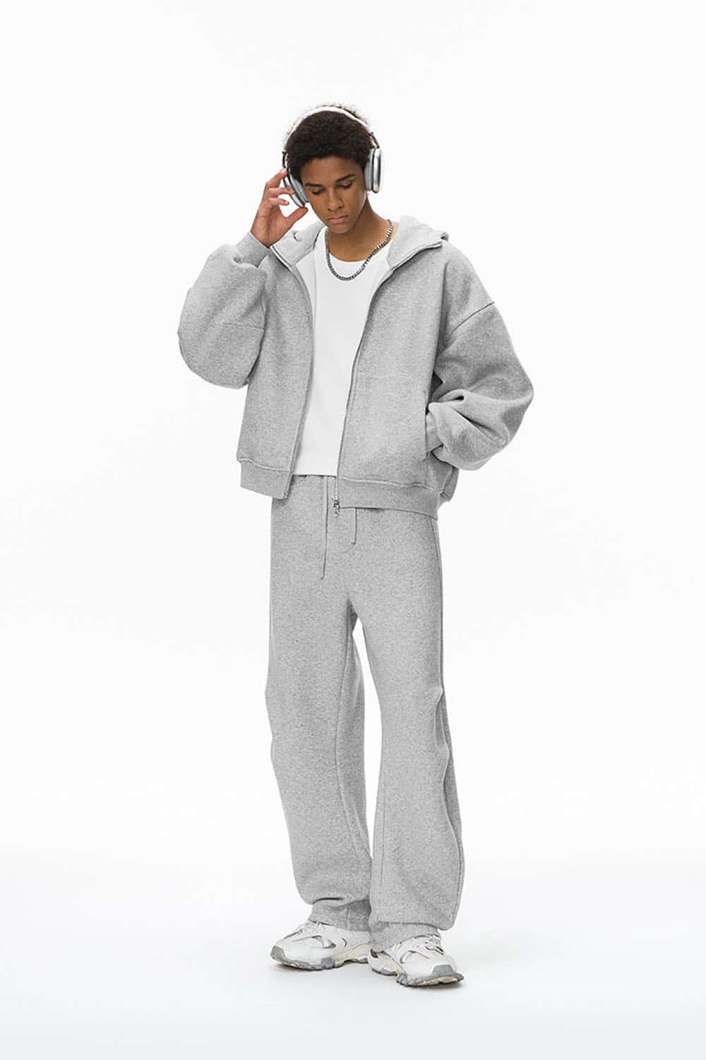 Boxy Fit Fleece-Lined Zip Hoodie _ Curved Sleeve Eggshell Plush Hooded Jacket