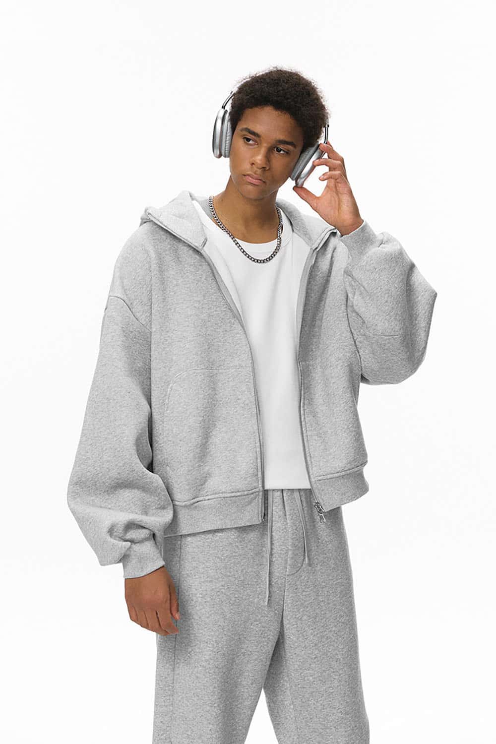 Boxy Fit Fleece-Lined Zip Hoodie _ Curved Sleeve Eggshell Plush Hooded Jacket