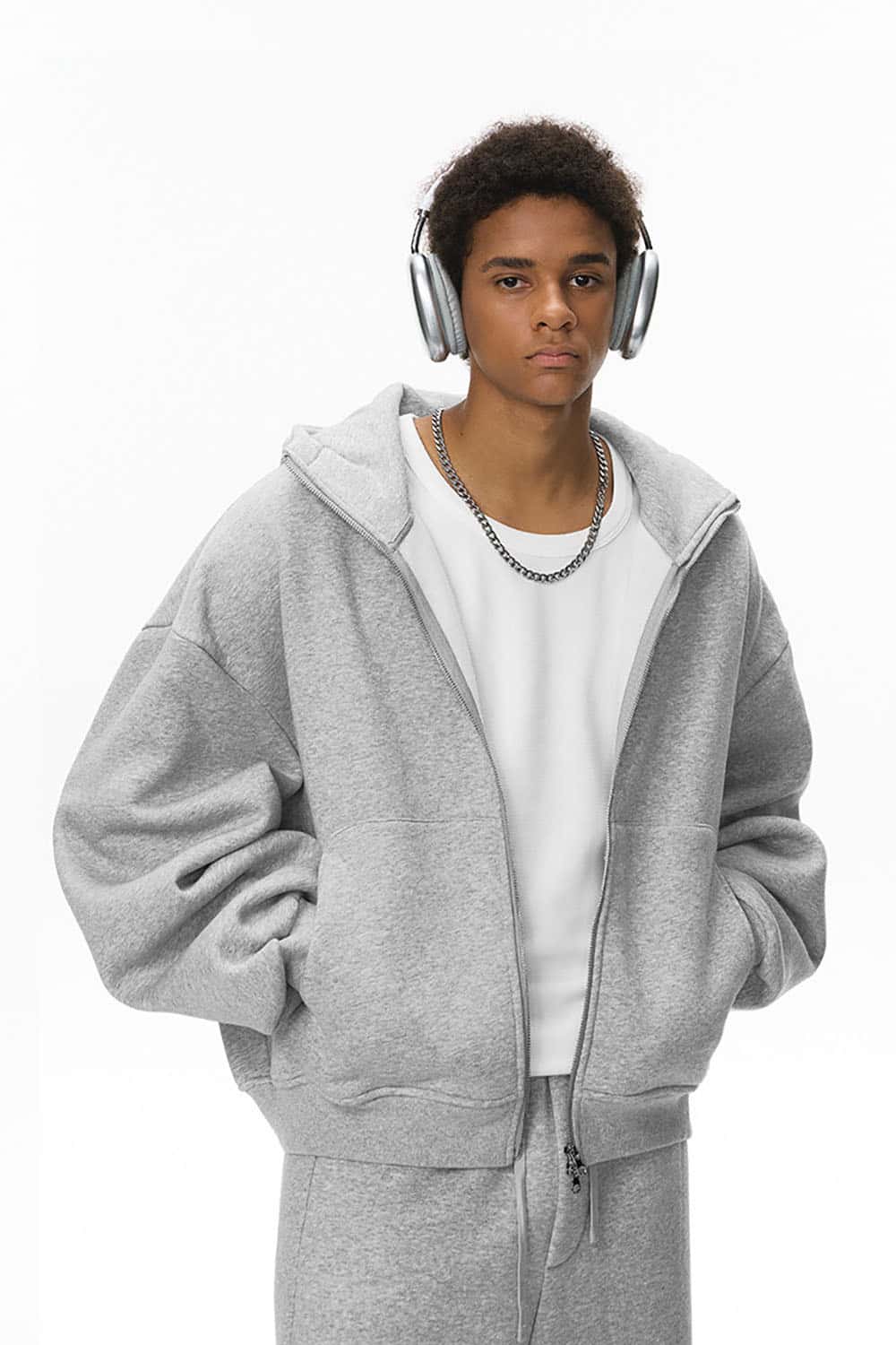 Boxy Fit Fleece-Lined Zip Hoodie _ Curved Sleeve Eggshell Plush Hooded Jacket