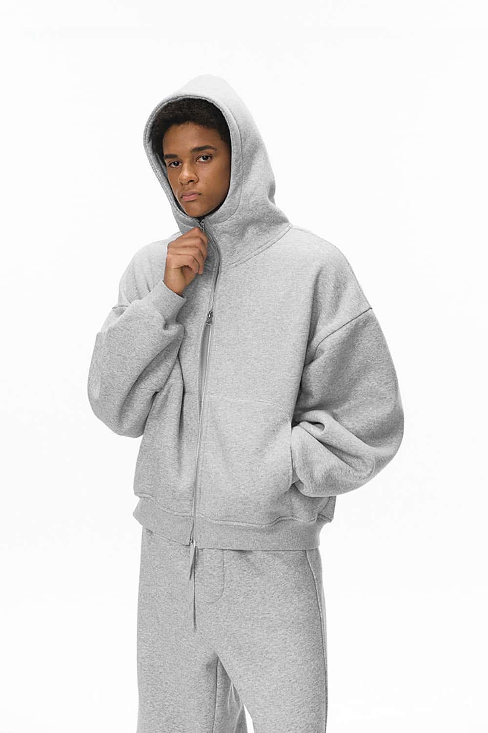 Boxy Fit Fleece-Lined Zip Hoodie _ Curved Sleeve Eggshell Plush Hooded Jacket