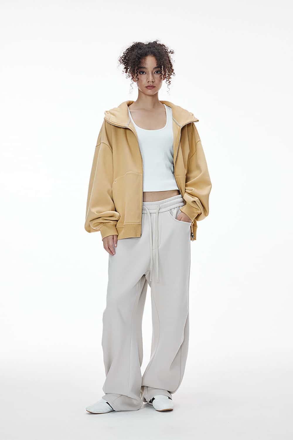 Boxy Fit Fleece-Lined Zip Hoodie _ Curved Sleeve Eggshell Plush Hooded Jacket