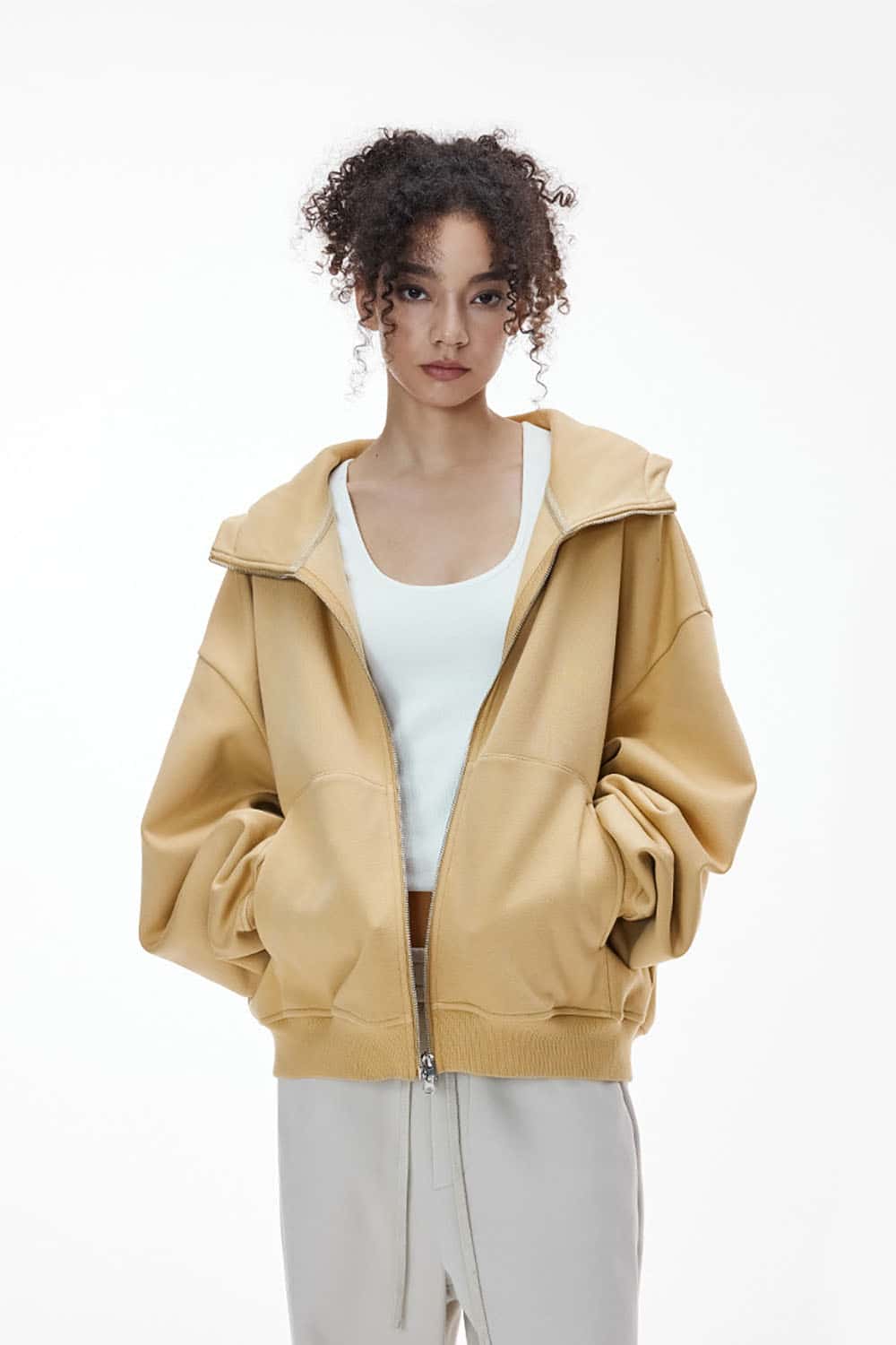 Boxy Fit Fleece-Lined Zip Hoodie _ Curved Sleeve Eggshell Plush Hooded Jacket