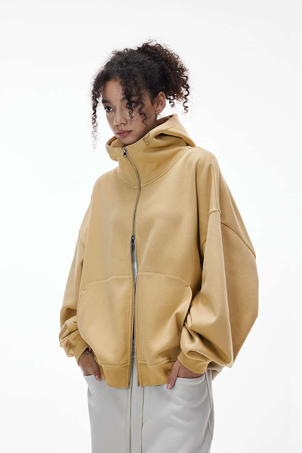 Boxy Fit Fleece-Lined Zip Hoodie _ Curved Sleeve Eggshell Plush Hooded Jacket