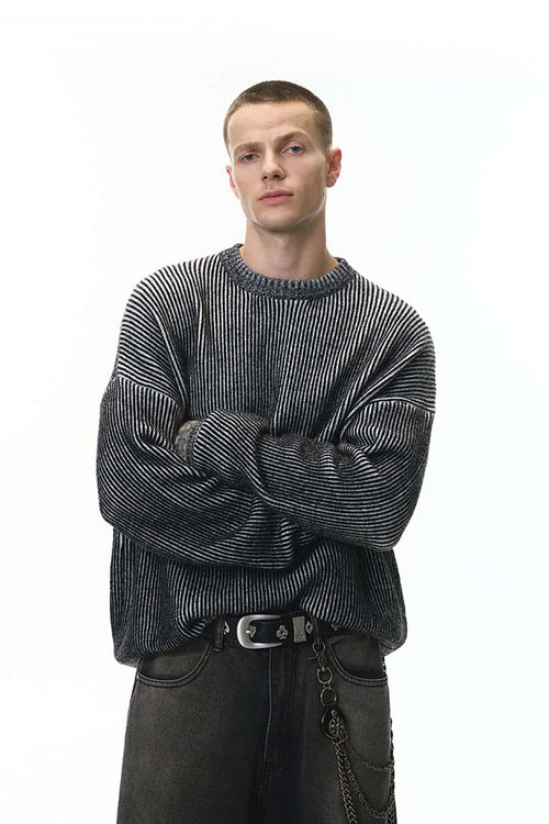 Two-Tone Gradient Striped Knit Sweater - Black