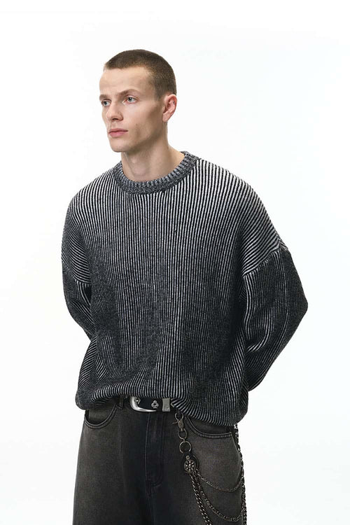 Two-Tone Gradient Striped Knit Sweater - Black