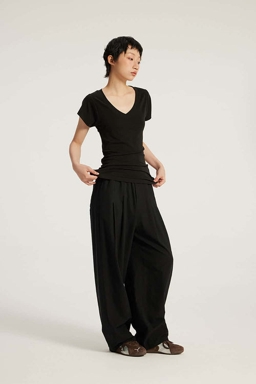 Cotton-Blend Loose Balloon Pants - Black