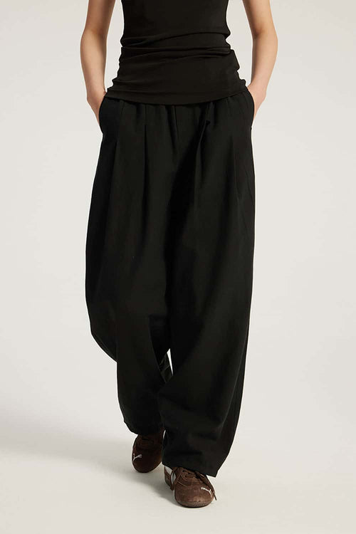 Cotton-Blend Loose Balloon Pants - Black