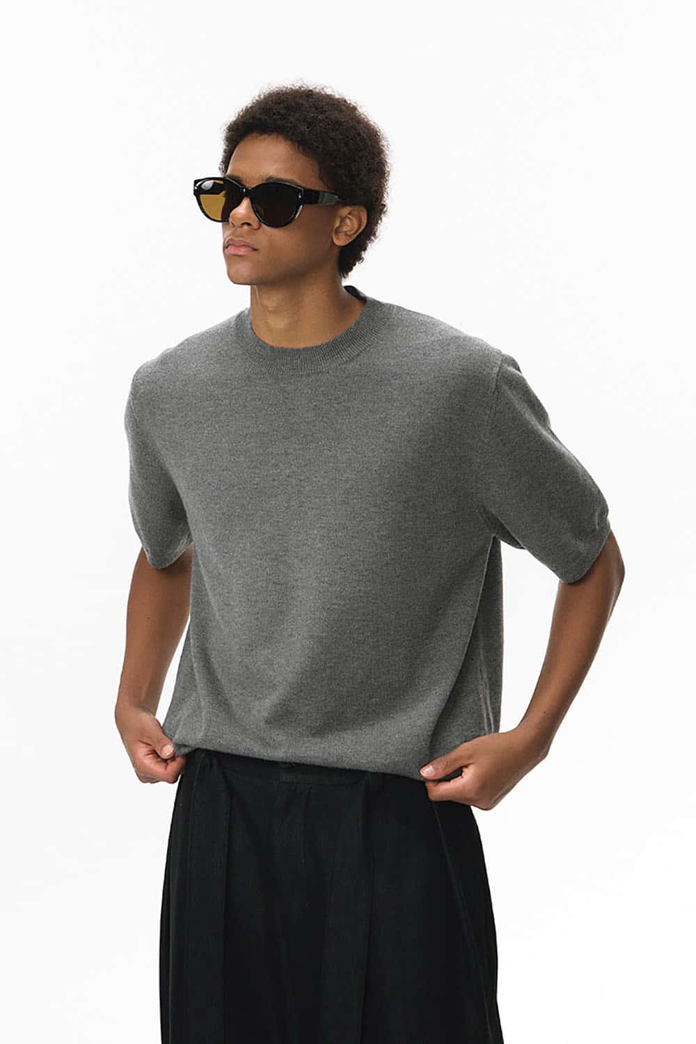 Loose Knit Crewneck Sweater Tee _ Short Sleeve Warm Wool-Blend Pullover