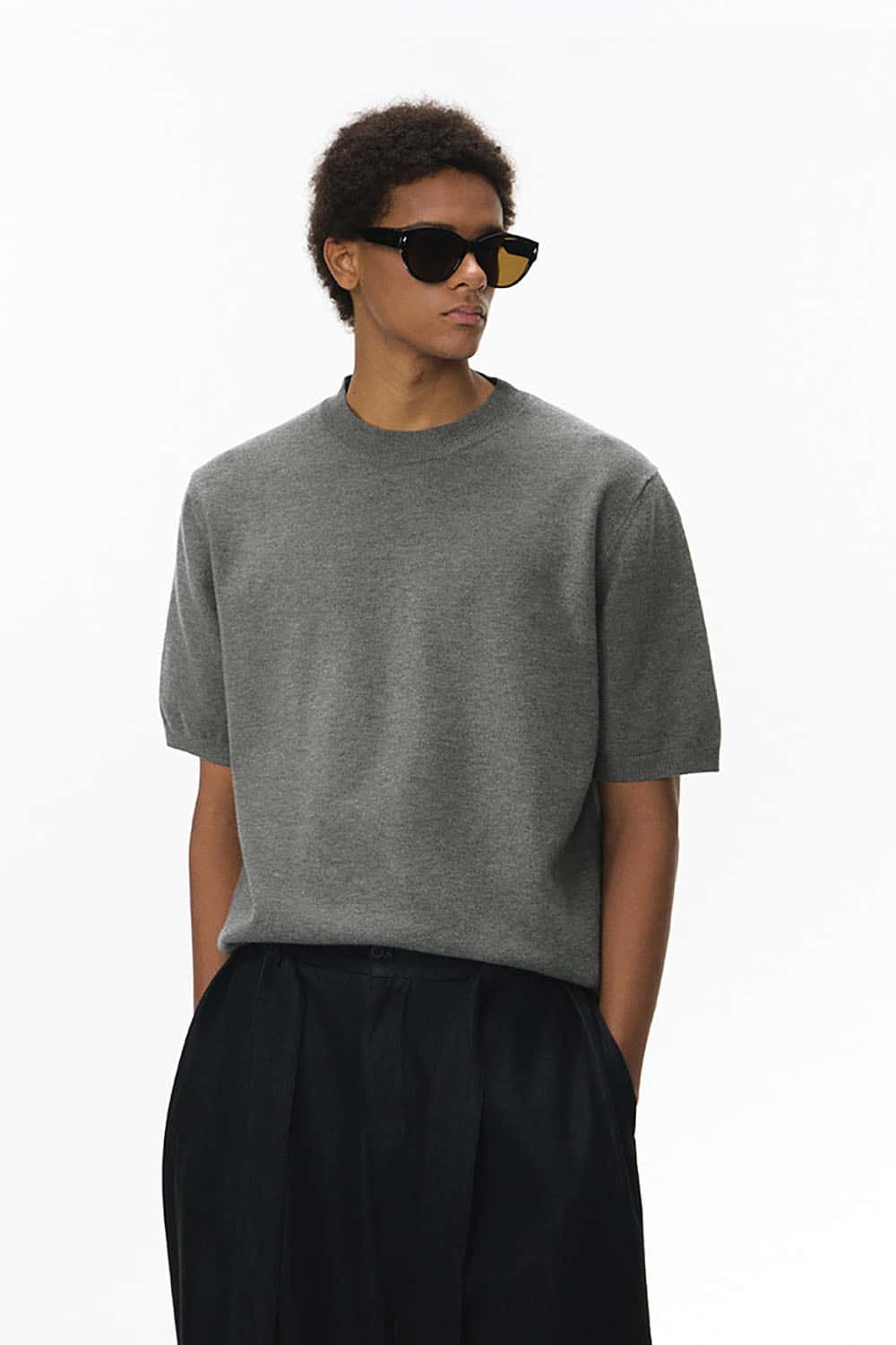 Loose Knit Crewneck Sweater Tee _ Short Sleeve Warm Wool-Blend Pullover