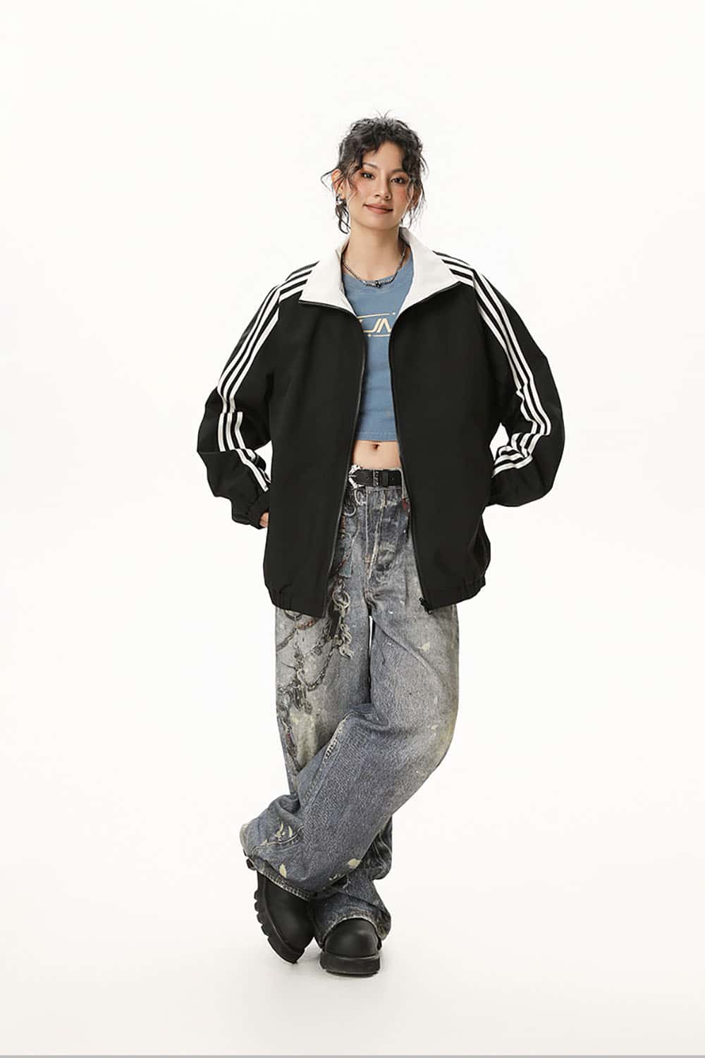 Three-Stripe Color-Block Windbreaker _ Minimalist Solid Zip-Up Jacket