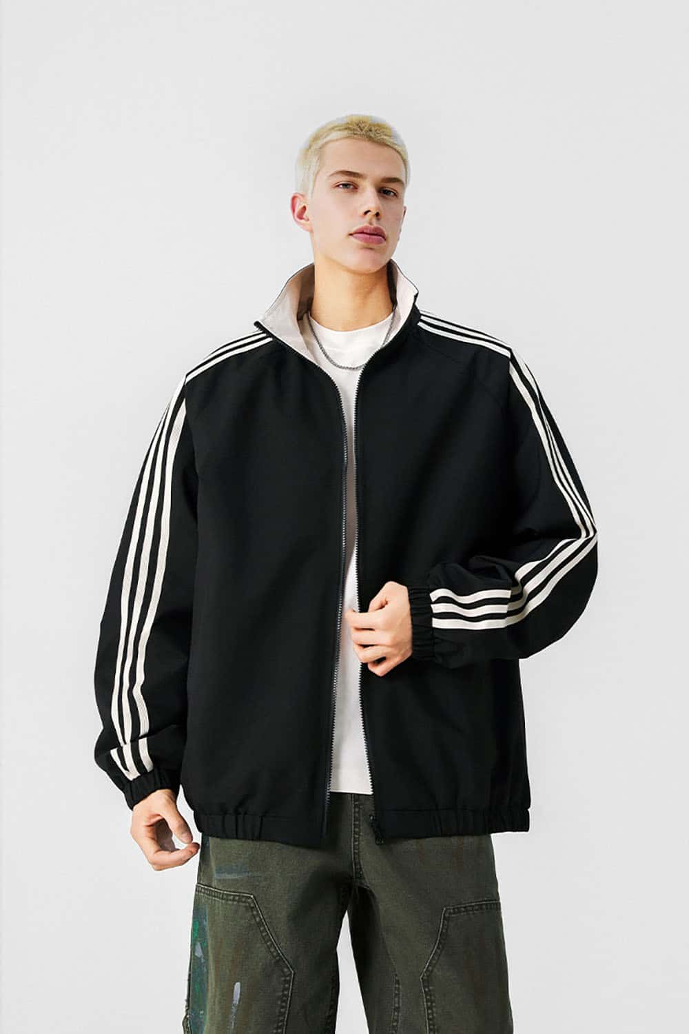 Three-Stripe Color-Block Windbreaker _ Minimalist Solid Zip-Up Jacket
