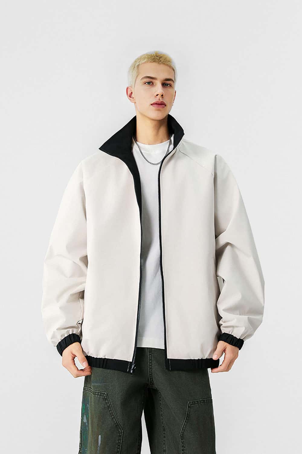 Three-Stripe Color-Block Windbreaker _ Minimalist Solid Zip-Up Jacket