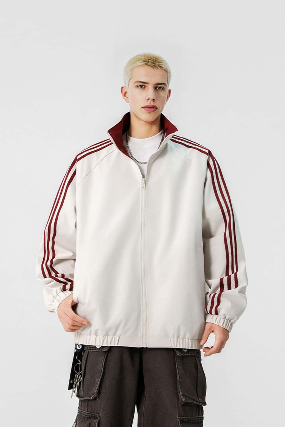Three-Stripe Color-Block Windbreaker _ Minimalist Solid Zip-Up Jacket