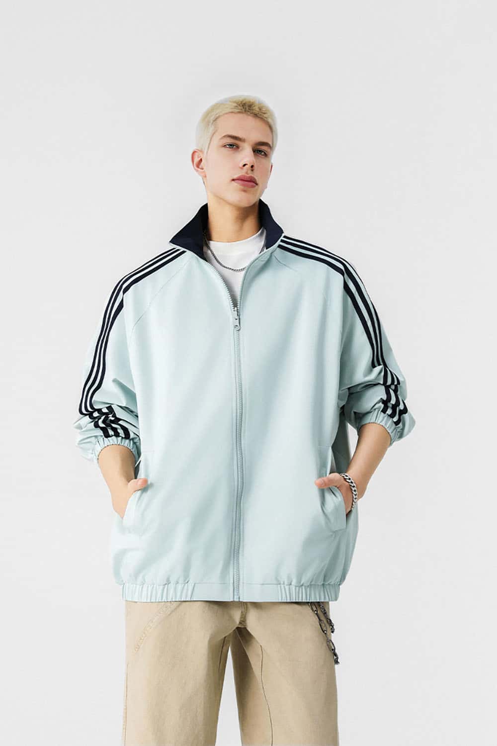 Three-Stripe Color-Block Windbreaker _ Minimalist Solid Zip-Up Jacket