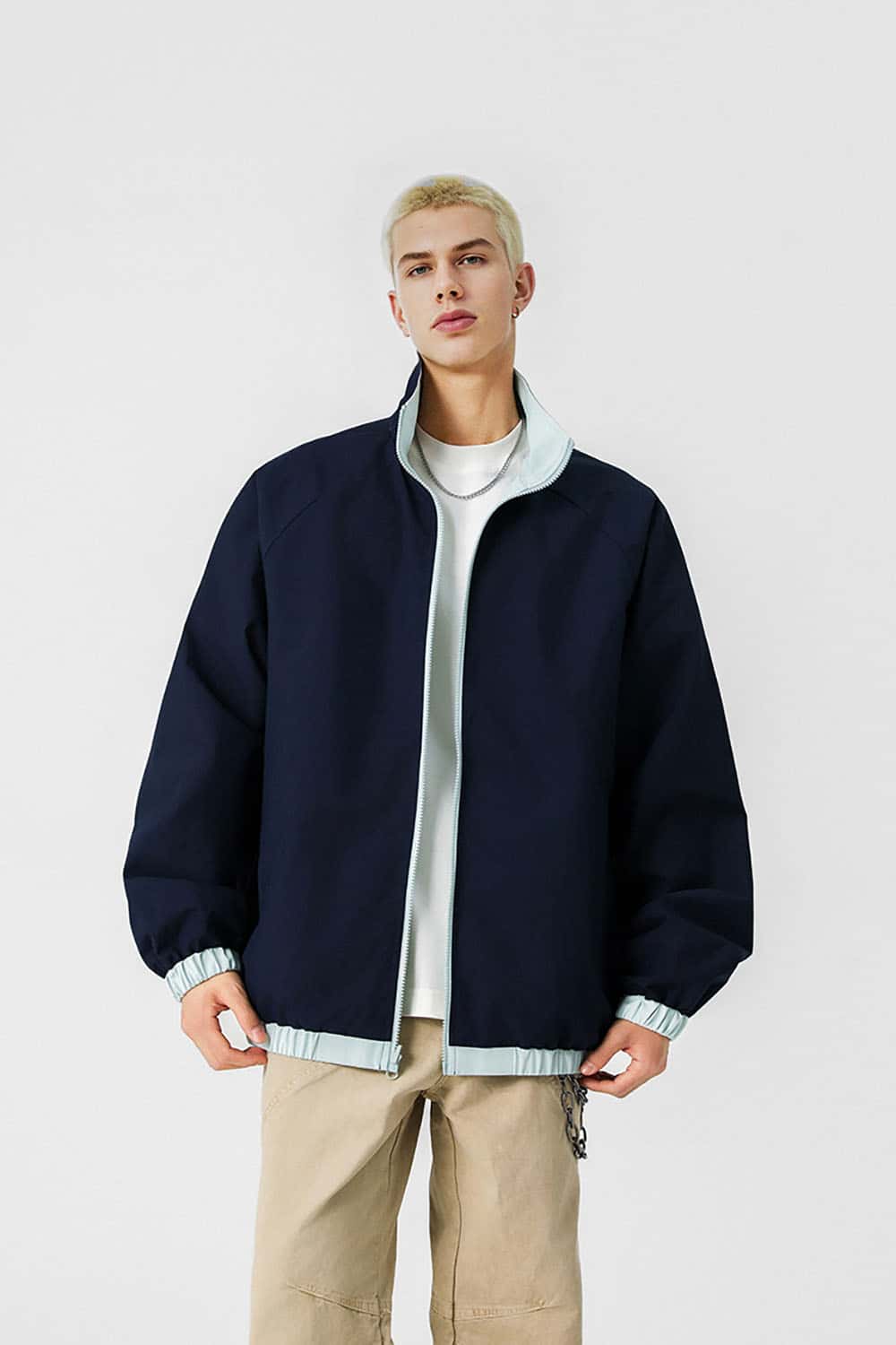 Three-Stripe Color-Block Windbreaker _ Minimalist Solid Zip-Up Jacket