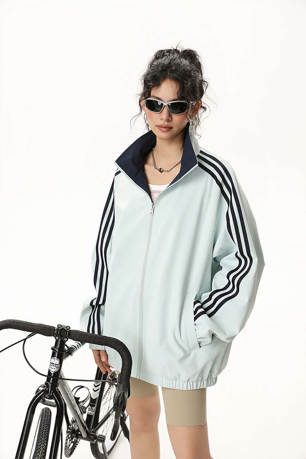 Three-Stripe Color-Block Windbreaker _ Minimalist Solid Zip-Up Jacket