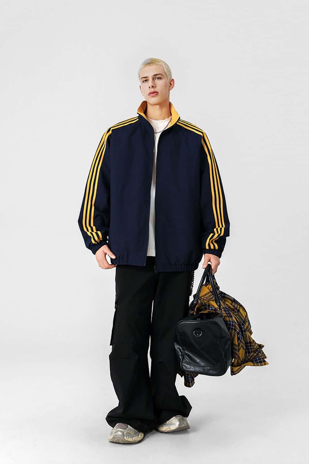 Three-Stripe Color-Block Windbreaker _ Minimalist Solid Zip-Up Jacket