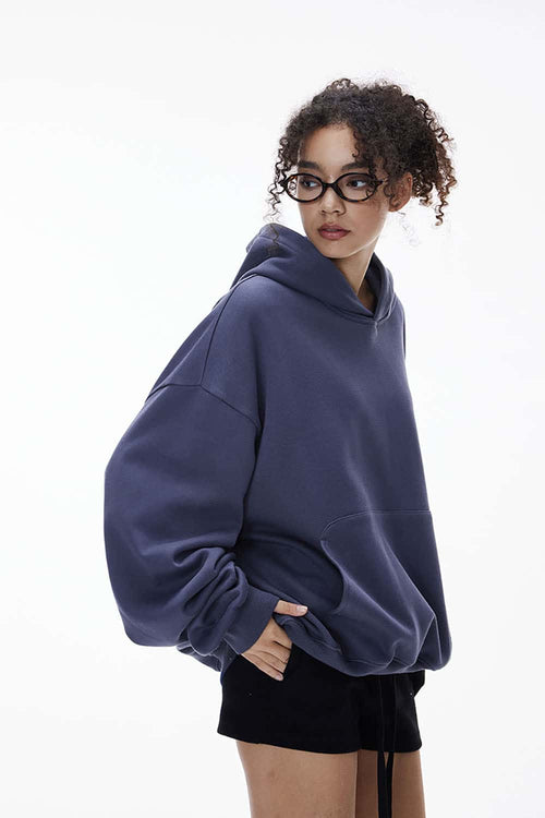 Fleece-Lined Cropped Streetwear Hoodie - Blue