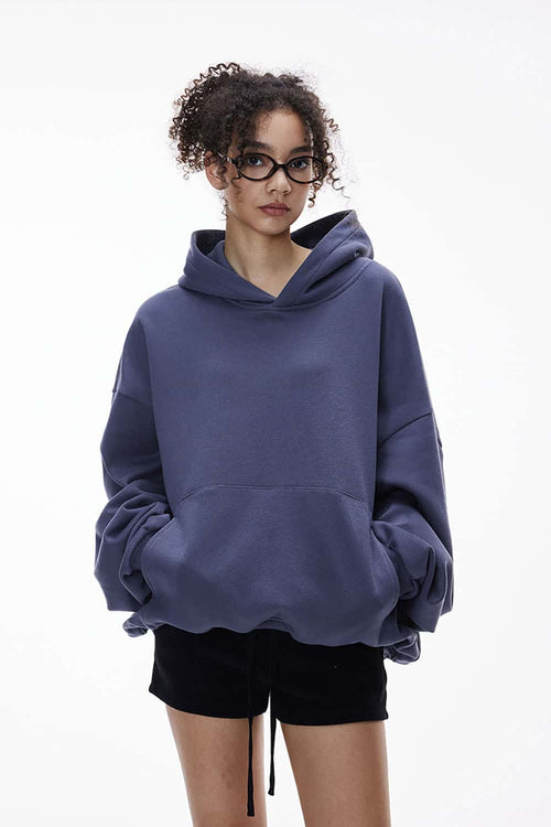 Fleece-Lined Cropped Streetwear Hoodie - Blue