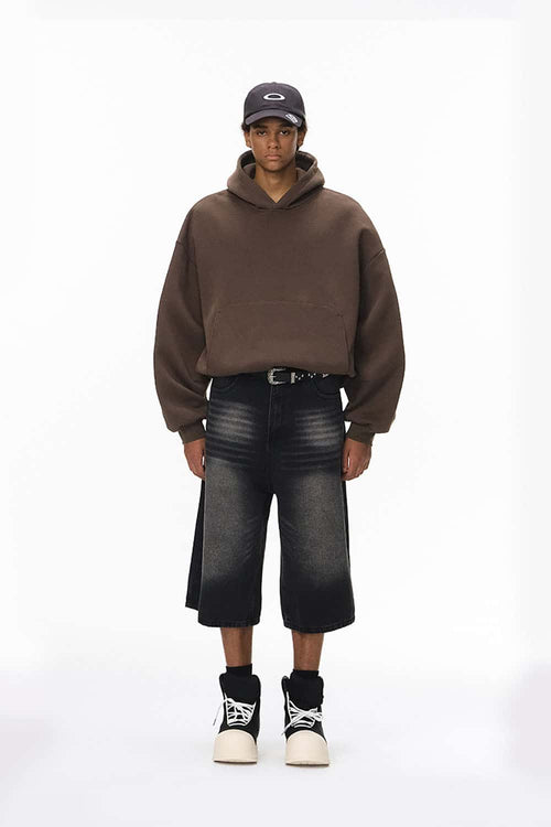 Fleece-Lined Cropped Streetwear Hoodie - Brown