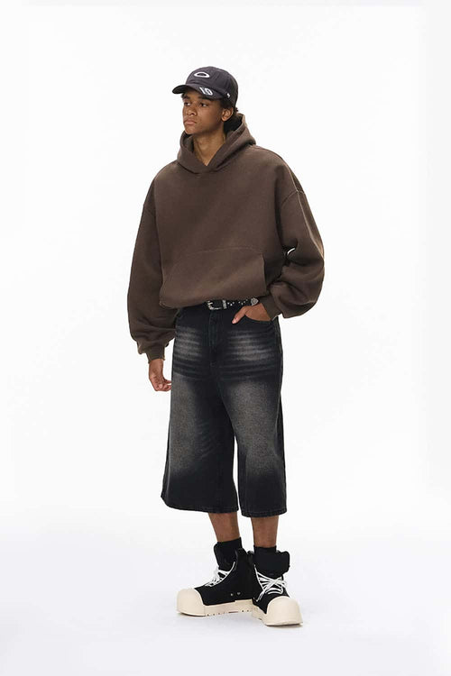 Fleece-Lined Cropped Streetwear Hoodie - Brown