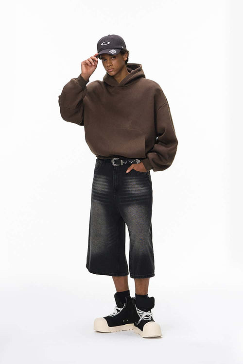 Fleece-Lined Cropped Streetwear Hoodie - Brown