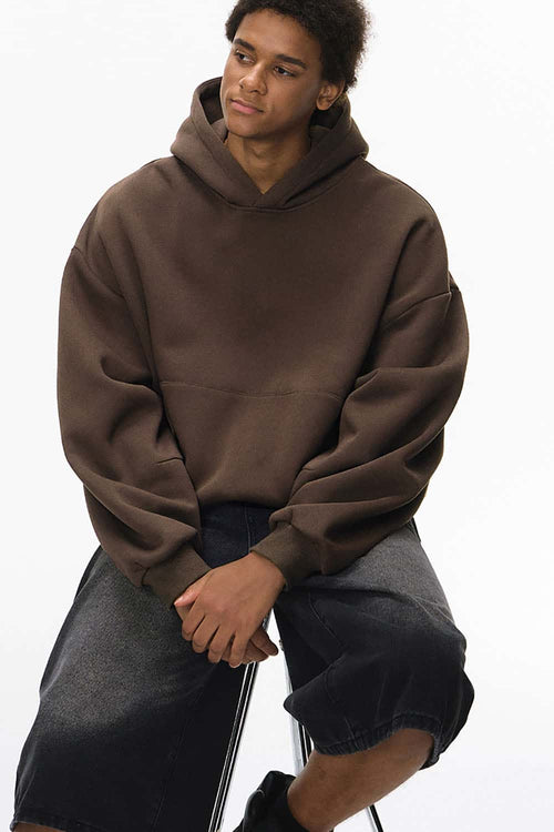 Fleece-Lined Cropped Streetwear Hoodie - Brown