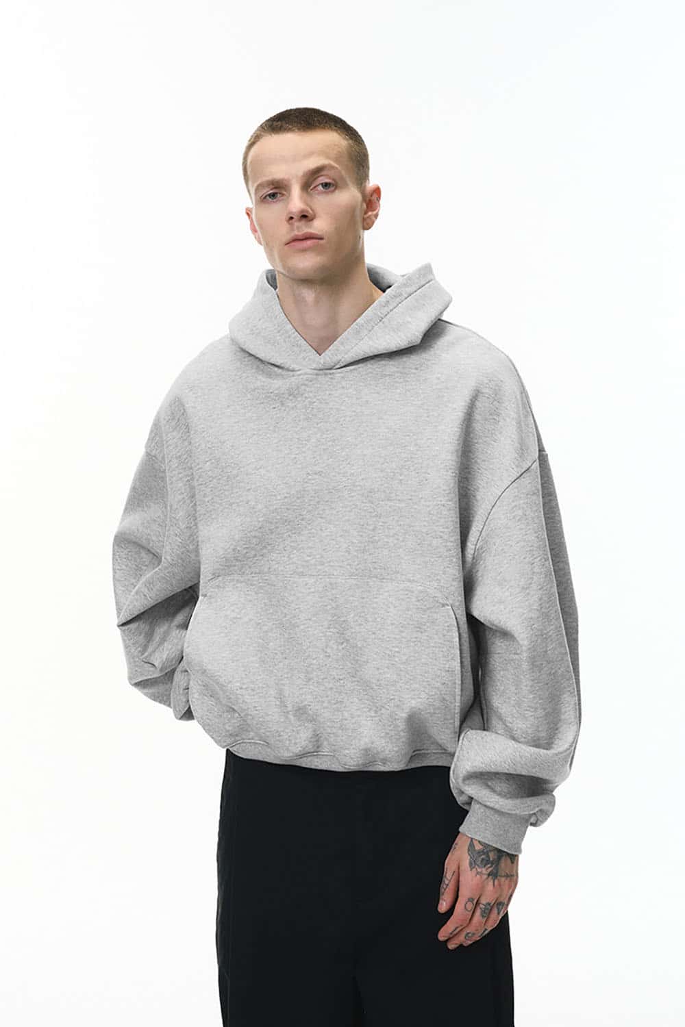 Cropped Plush Hoodie _ Curved Hem Fleece-Lined Eggshell Velvet Sweatshirt