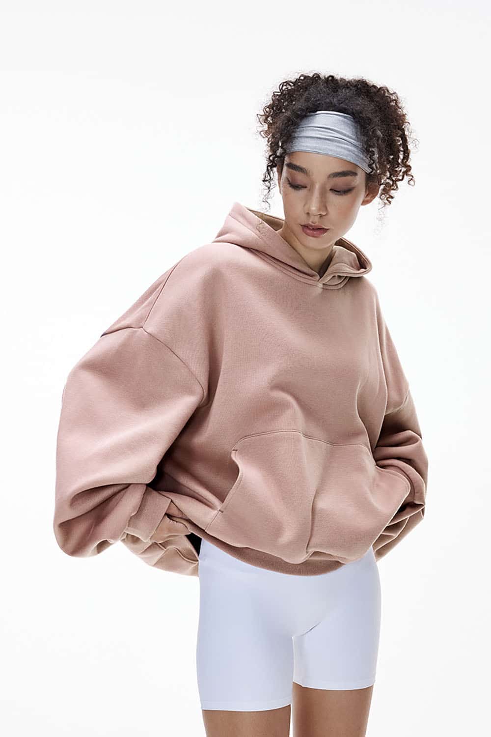 Cropped Plush Hoodie _ Curved Hem Fleece-Lined Eggshell Velvet Sweatshirt