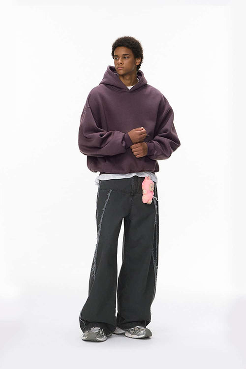 Fleece-Lined Cropped Streetwear Hoodie - Plum Purple