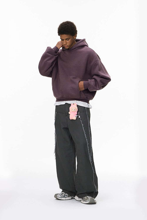 Fleece-Lined Cropped Streetwear Hoodie - Plum Purple