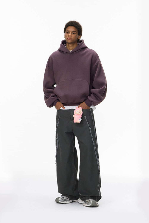 Fleece-Lined Cropped Streetwear Hoodie - Plum Purple