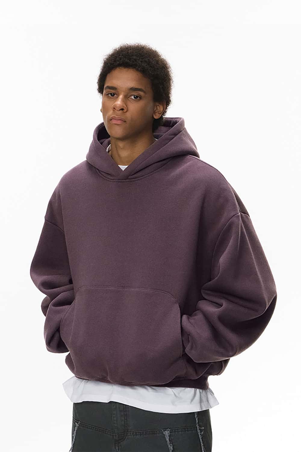 Cropped Plush Hoodie _ Curved Hem Fleece-Lined Eggshell Velvet Sweatshirt